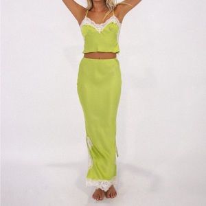 VRG GRL At The Afterparty bias cut midi skirt in lime. Brand new with tags